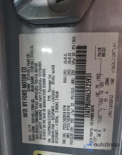 2020 Ford Mustang из США, поврежденный, VIN 1FATP8UH6L5125931